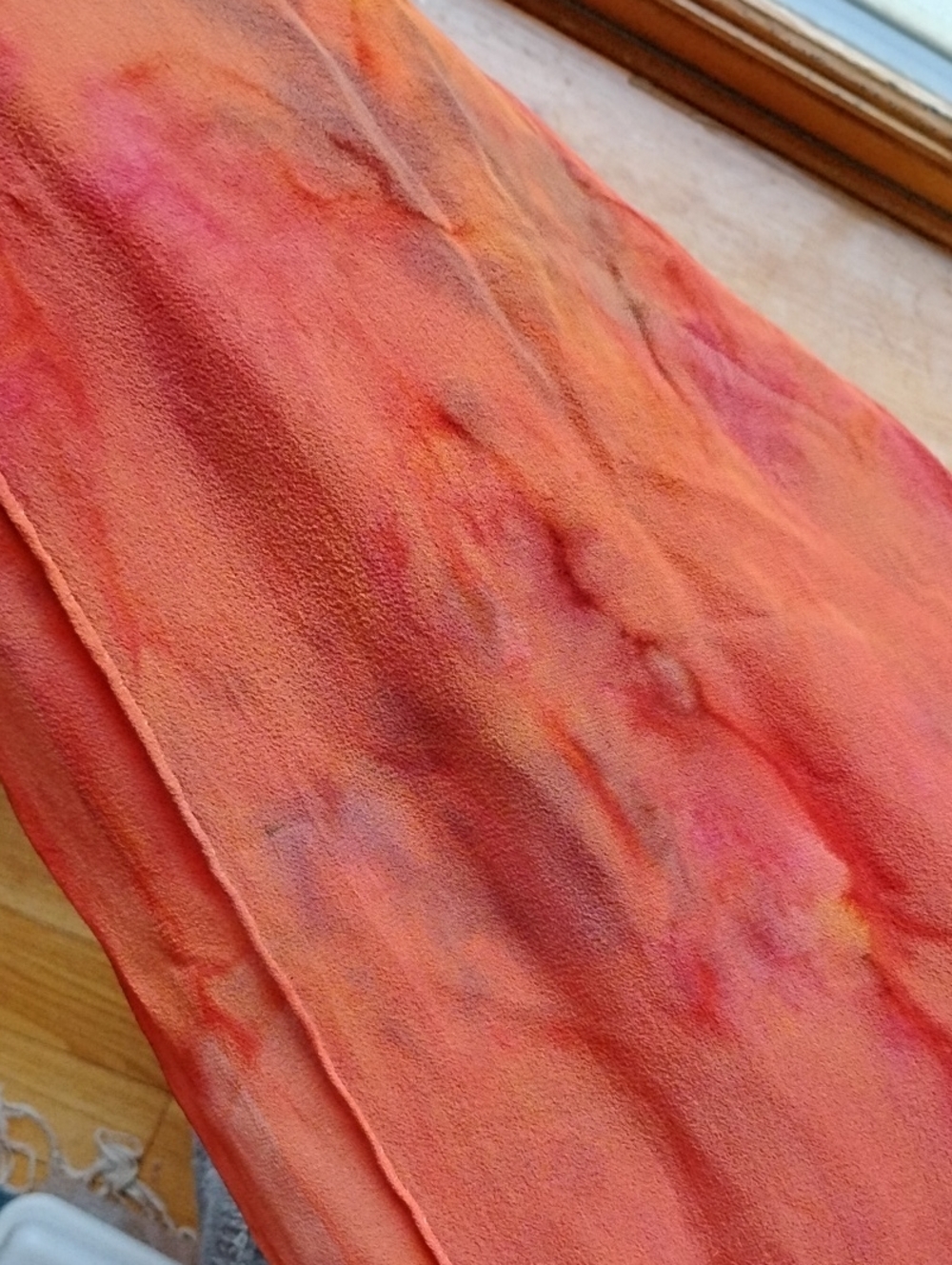 Artisan Crafted Sheer, Silk  Orange-Red Tie-Dye Scarf - Picture 4 of 7